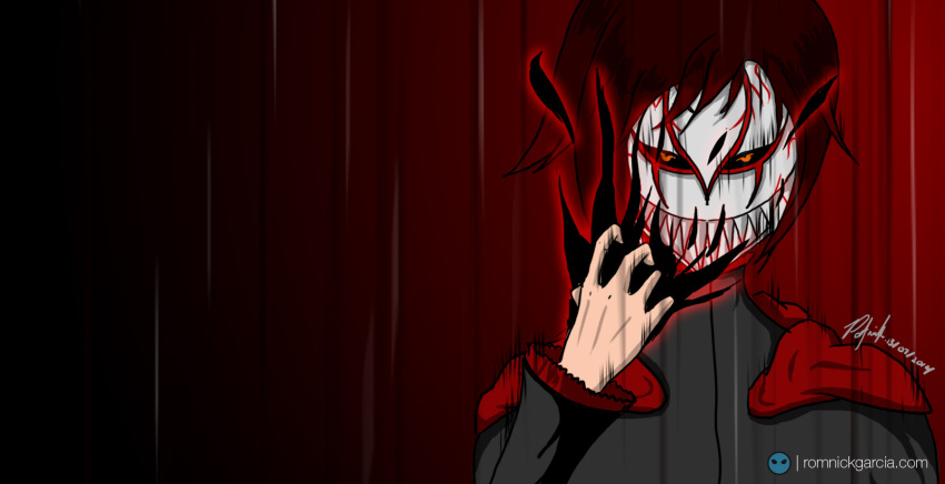 1girl, aura, black_dress, black_hair, bleach, commentary, crossover, dark_persona, dress, english_commentary, highres, hollow, mask, multicolored_hair, orange_eyes, patgarci, redhead, ruby_rose, rwby, short_hair, solo, two-tone_hair, vizard