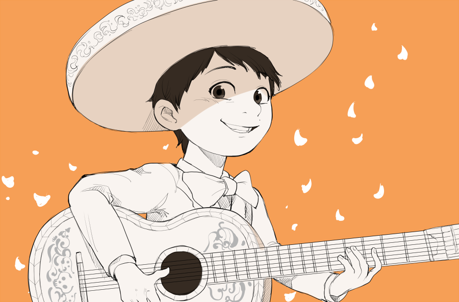 1boy, acoustic_guitar, black_hair, bow, charro, coco_(disney), dark_skin, disney