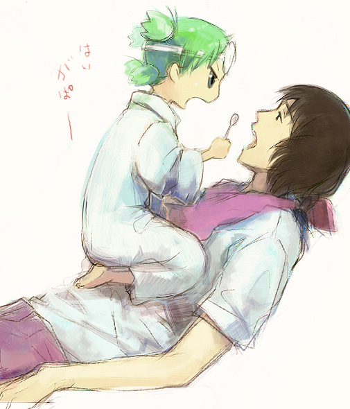 1boy, 1girl, apathy, barefoot, brown_hair, doctor, graphite_(medium), green_hair