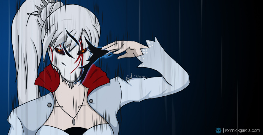 1girl, aura, bleach, blue_eyes, commentary, crossover, dark_persona, dress, english_commentary, highres, long_hair, orange_eyes, parody, patgarci, rwby, scar, scar_across_eye, solo, vizard, weiss_schnee, white_dress, white_hair