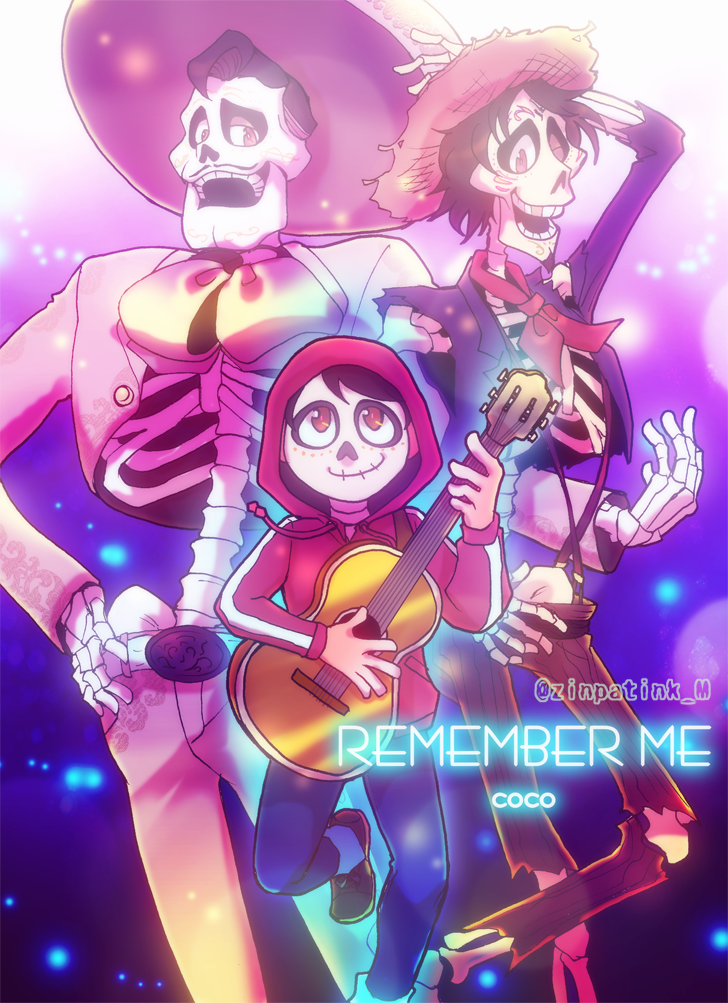 3boys, acoustic_guitar, bandanna, black_hair, bow, brown_eyes, charro, coco_(disney)