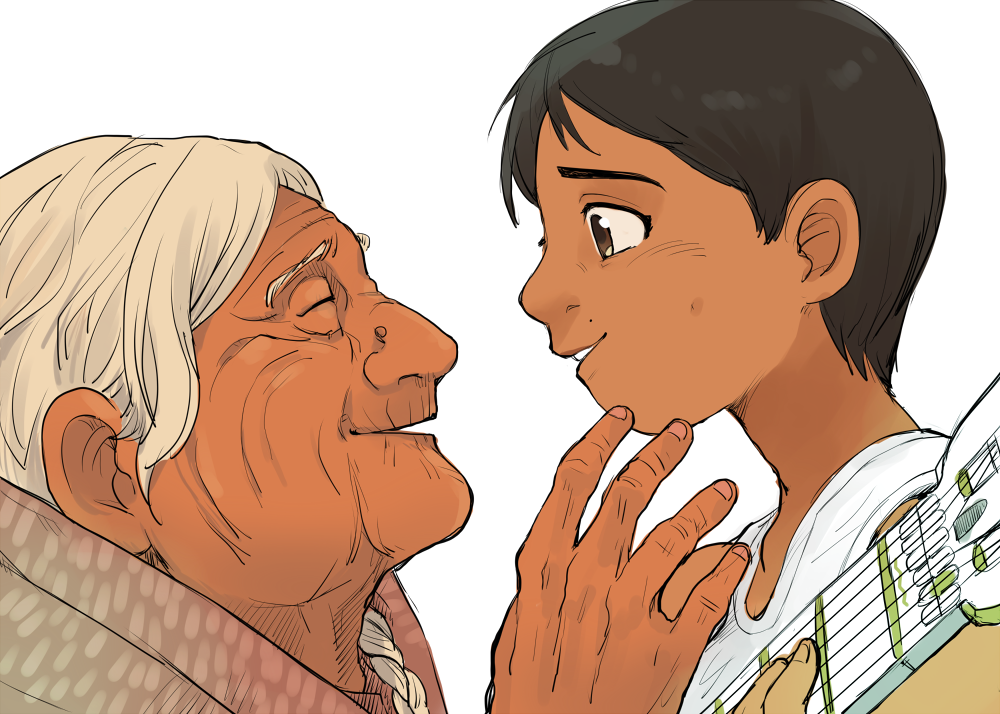 1boy, 1girl, acoustic_guitar, black_hair, braid, brown_eyes, closed_eyes, coco_(disney)