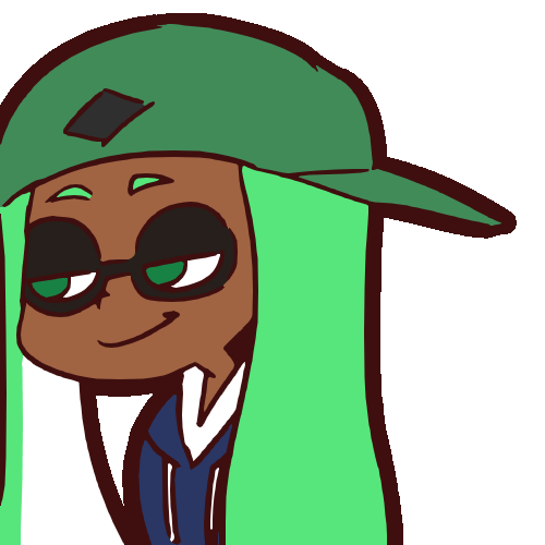 1girl, animated, animated_gif, backwards_hat, baseball_cap, blue_hoodie, closed_mouth, dark_skin, domino_mask, eyebrow_twitching, green_eyes, green_hair, green_hat, grin, half-closed_eyes, hat, hood, hood_down, hoodie, inkling, long_hair, long_sleeves, looking_to_the_side, lowres, mask, mike_inel, simple_background, smile, solo, splatoon, tentacle_hair, white_background