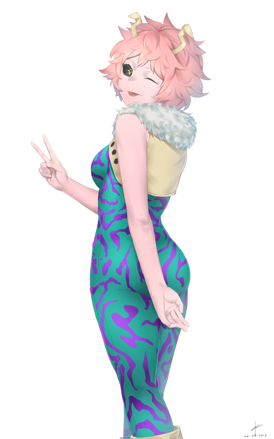 1girl, ;p, arm_behind_back, ashido_mina, ass, bare_arms, bare_shoulders, black_sclera