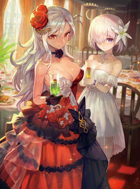 2girls, black_gloves, breasts, cocktail, dress, fate/grand_order, fate_(series), flower, formal, glass, gloves, hair_flower, hair_ornament, lack, large_breasts, lavendar_hair, mash_kyrielight, multiple_girls, olga_marie_animusphere, strapless, strapless_dress, white_gloves, white_hair