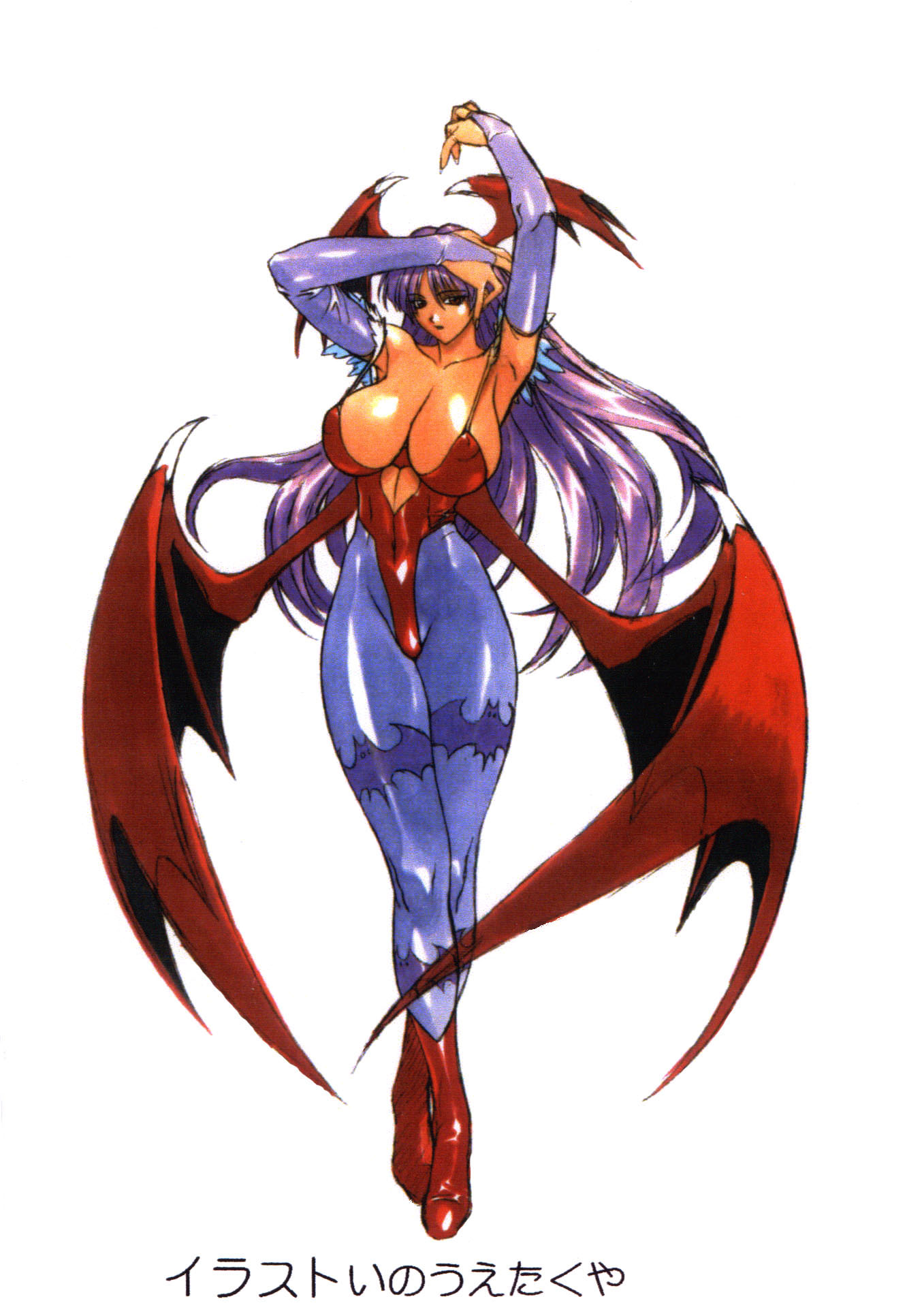 1girl, animal_print, arms_up, bat_print, bat_wings, breasts, bridal_gauntlets, demon_girl, erect_nipples, full_body, head_wings, highres, huge_breasts, inoue_takuya, leotard, long_hair, low_wings, morrigan_aensland, print_legwear, purple_hair, red_eyes, scan, simple_background, solo, succubus, vampire_(game), white_background, wings