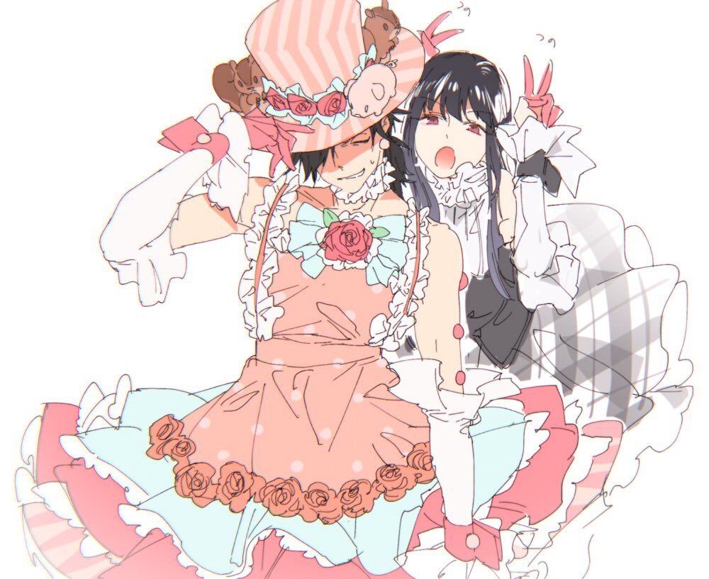 1boy, 1girl, black_hair, cosplay, crossdressinging, detached_sleeves, double_v, dress