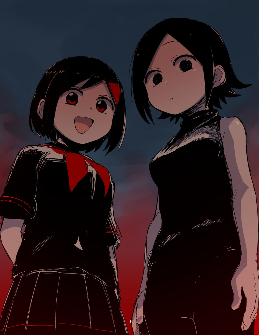 2girls, absurdres, ascot, black_hair, black_shirt, black_skirt, breasts, expressionless