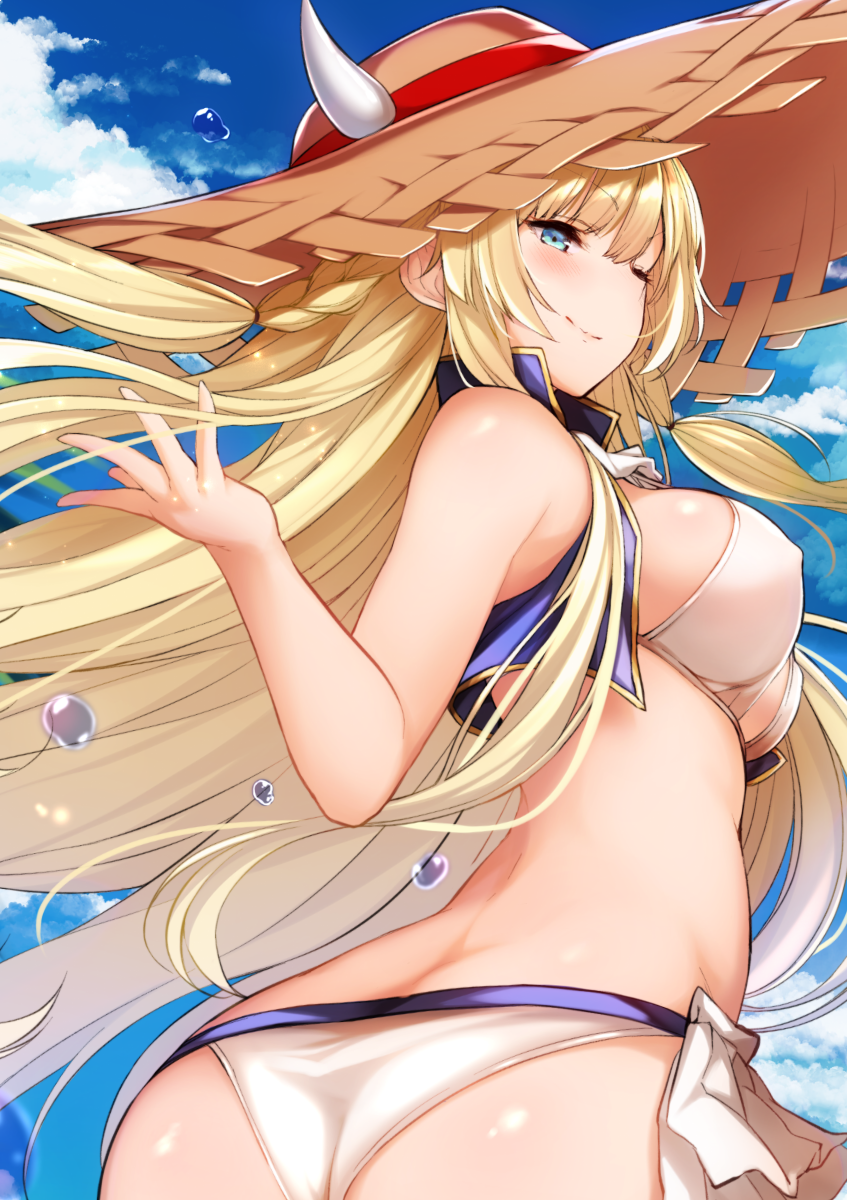 1girl, alternate_costume, ascot, ass, azur_lane, bangs, bikini, blonde_hair