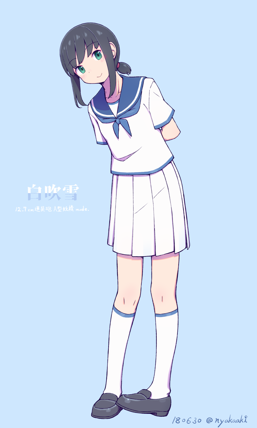 1girl, arms_behind_back, black_footwear, black_hair, blue_background, blue_sailor_collar, dated, eyebrows_visible_through_hair