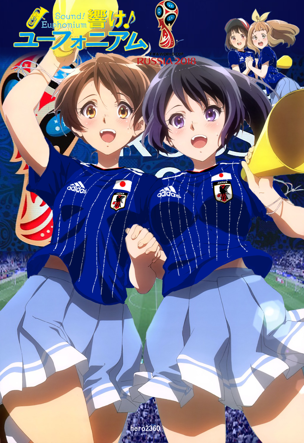 2018_fifa_world_cup, 4girls, :d, adidas, arm_up, artist_name, black_hair, blue_skirt