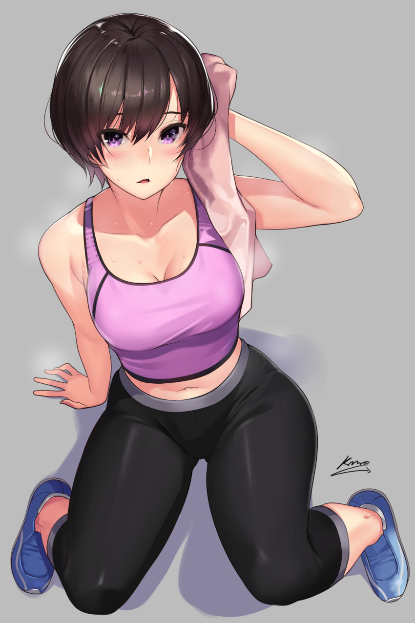 1girl, athletic, blue_footwear, breasts, brown_eyes, cleavage, highres, kagematsuri