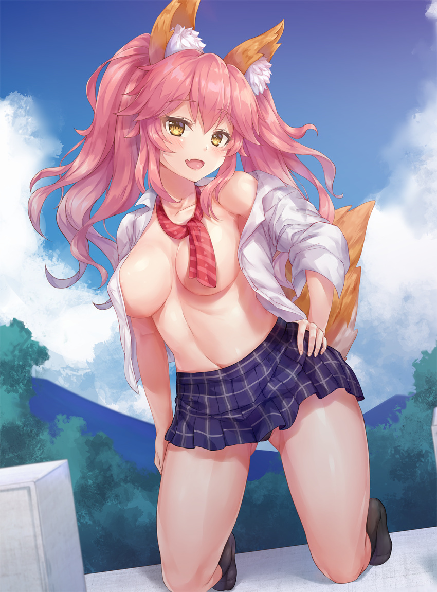 1girl, :d, animal_ears, bangs, black_legwear, blue_skirt, blue_sky, blush