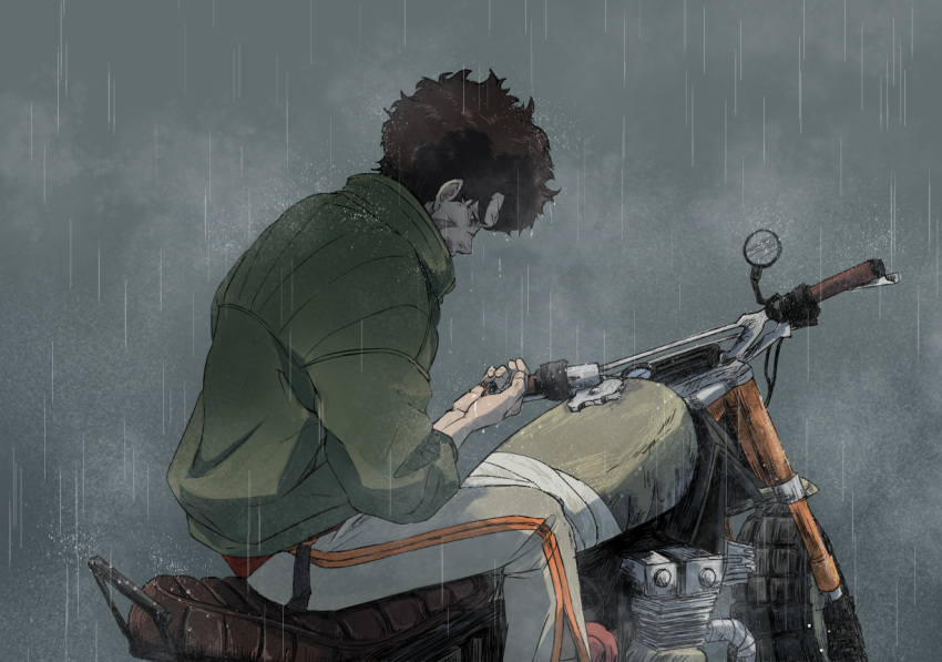 1boy, akira1182, brown_eyes, brown_hair, earpiece, green_jacket, grey_sky, ground_vehicle, jacket, joe_(megalo_box), male_focus, megalo_box, motor_vehicle, motorcycle, outdoors, rain, scar, sitting, solo