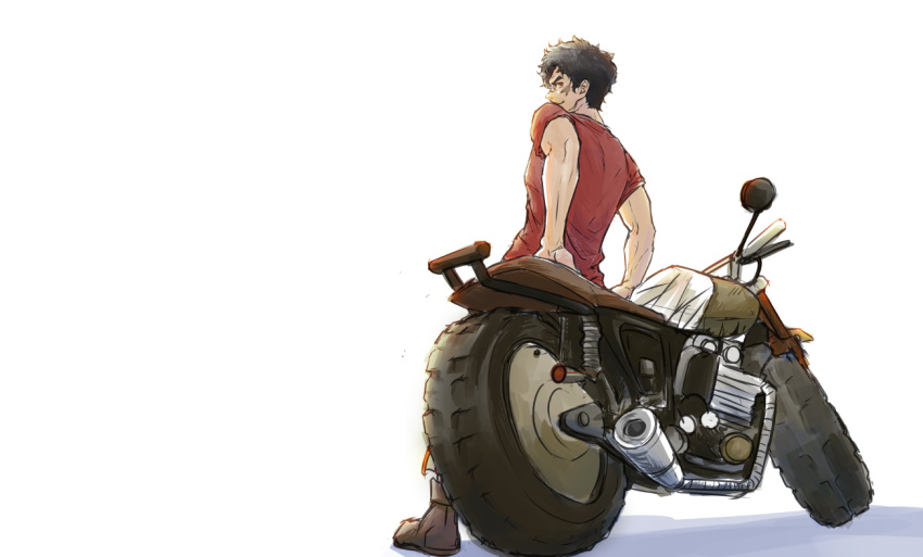 1boy, akira1182, black_hair, brown_footwear, full_body, ground_vehicle, joe_(megalo_box), megalo_box