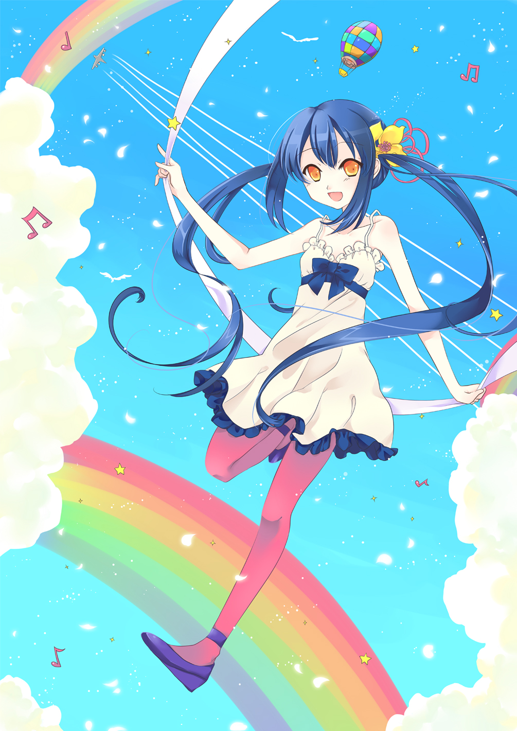 akara, balloon, bare_shoulders, blue_hair, ceru, cloud, dress, flower