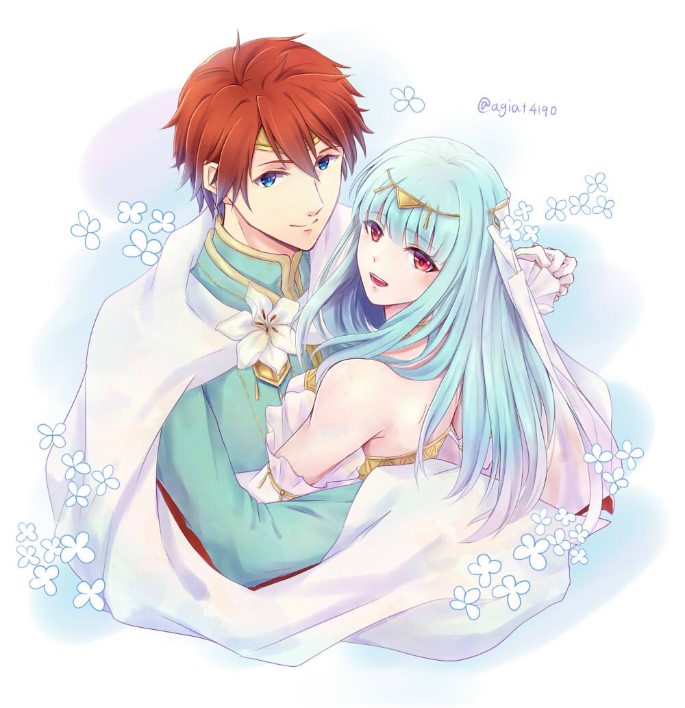 1boy, 1girl, bare_shoulders, blue_eyes, bouquet, bridal_veil, bride, dress