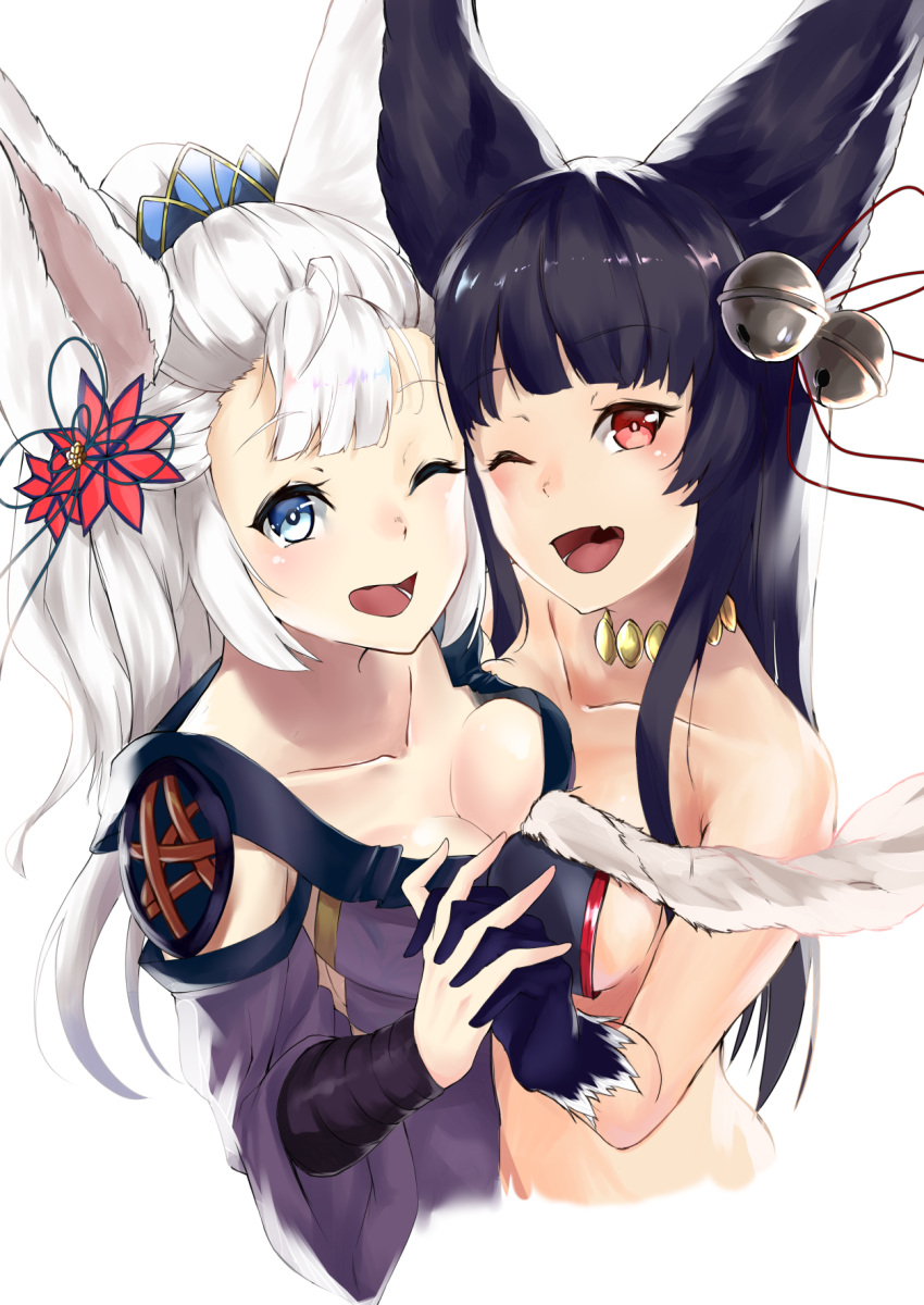 2girls, :d, animal_ears, bangs, bare_shoulders, bell, black_hair, blue_eyes