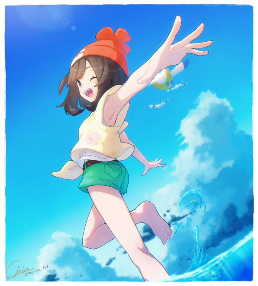 1girl, ;d, armpits, barefoot, beanie, bird, black_hair, blue_eyes