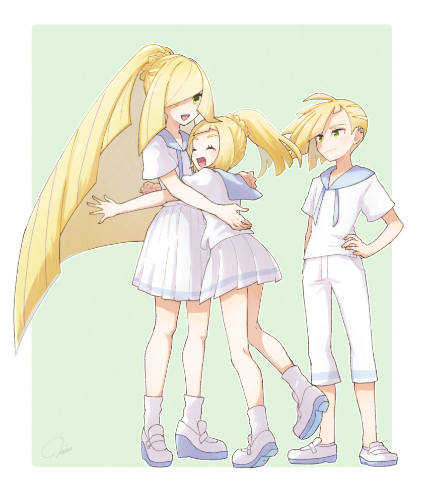 1boy, 2girls, blonde_hair, brother_and_sister, capri_pants, closed_eyes, cosplay, family
