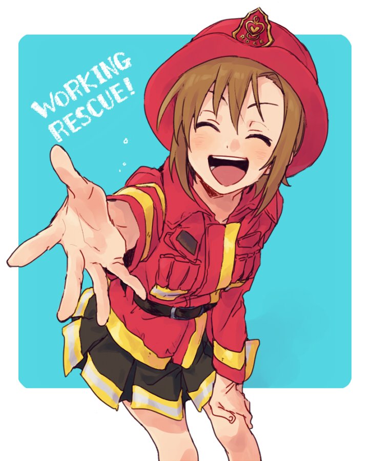 1girl, blush, brown_hair, closed_eyes, commentary_request, english_text, feet_out_of_frame, fire_helmet