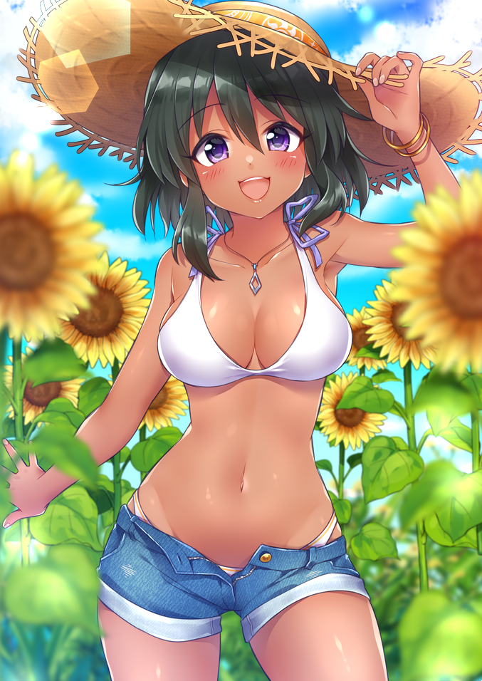 1girl, :d, arm_up, bangs, bare_shoulders, bikini, black_hair, blush, bracelet, breasts, cleavage, collarbone, dark_skin, day, denim, denim_shorts, eyebrows_visible_through_hair, flower, hair_between_eyes, halter_top, halterneck, hat, idolmaster, idolmaster_cinderella_girls, jewelry, large_breasts, lips, looking_at_viewer, mio_(mgr300), natalia_(idolmaster), navel, open_fly, open_mouth, outdoors, short_hair, short_shorts, shorts, smile, solo, standing, straw_hat, sunflower, swimsuit, upper_teeth, violet_eyes, white_bikini
