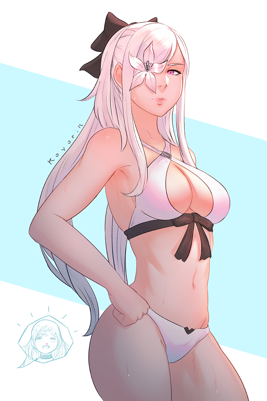 2girls, bikini, black_bow, blood, bow, breasts, cleavage, closed_eyes