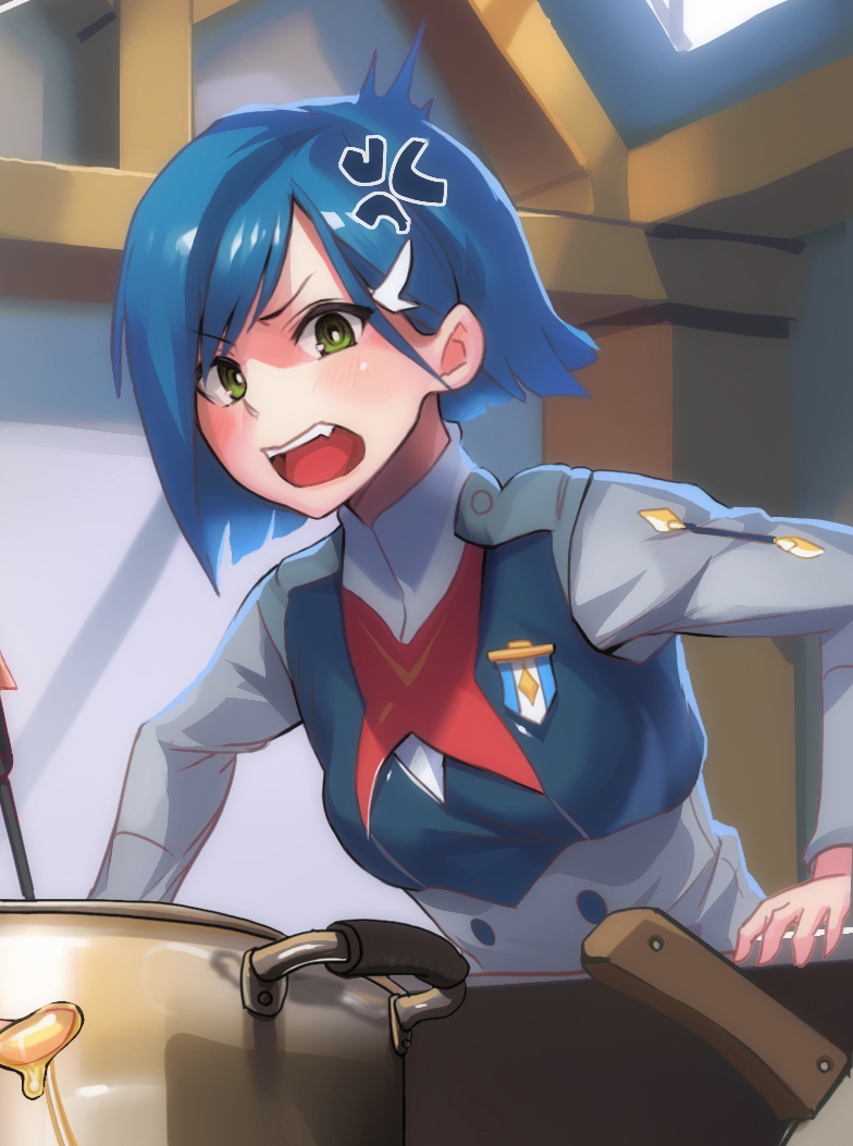 1girl, anger_vein, blue_hair, darling_in_the_franxx, green_eyes, hair_ornament, hairclip, honey