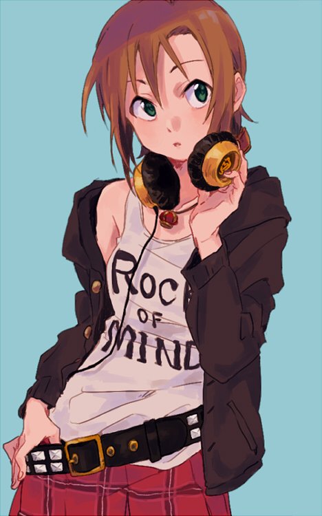 1girl, belt, belt_buckle, brown_hair, buckle, cable, cardigan, clothes_writing, cowboy_shot, english, green_eyes, headphones, headphones_around_neck, idolmaster, idolmaster_cinderella_girls, jewelry, looking_to_the_side, necklace, off_shoulder, open_cardigan, open_clothes, parted_lips, plaid, plaid_skirt, short_hair, simple_background, single_bare_shoulder, skirt, solo, syouyumochi33, tada_riina, tank_top