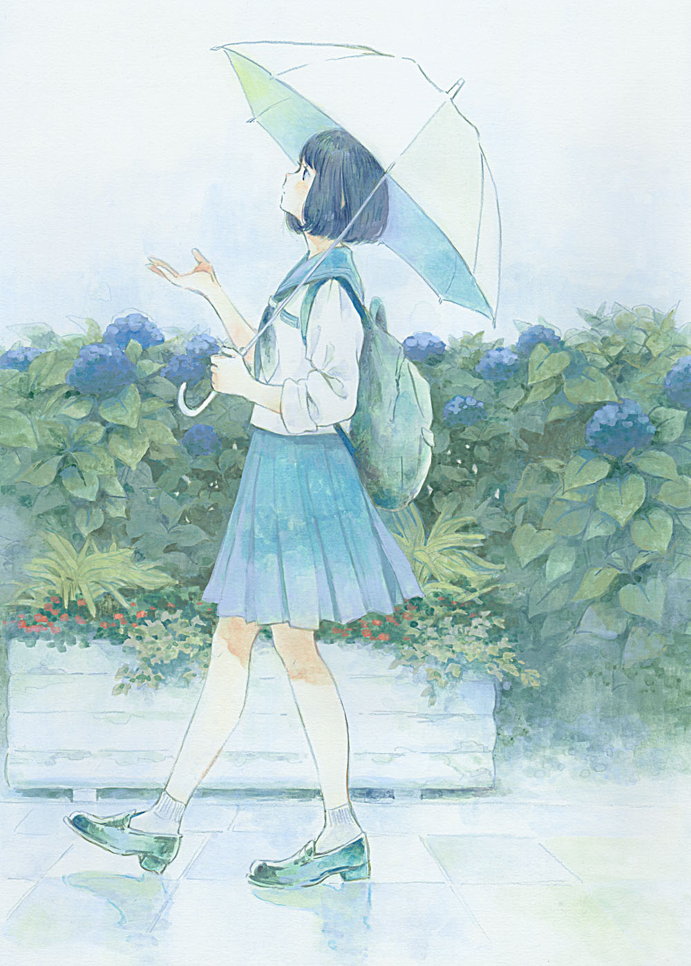 1girl, acrylic_paint_(medium), backpack, bag, bangs, black_hair, blue_flower, blue_skirt