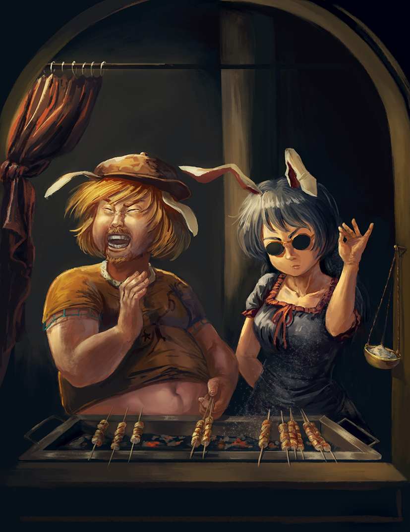 1boy, 1girl, american_ringo, amibazh, animal_ears, arm_behind_back, bangs, bare_arms