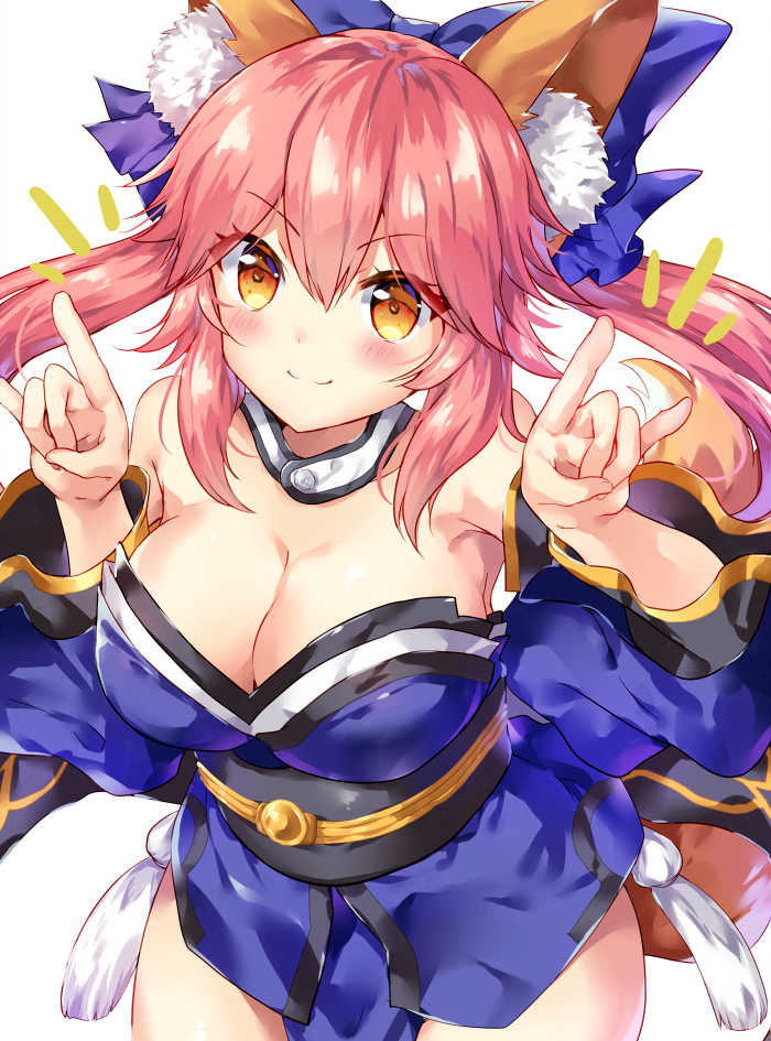 1girl, animal_ears, blue_ribbon, bow, breasts, cleavage, detached_sleeves, fate/extra, fate/grand_order, fate_(series), fox_ears, fox_shadow_puppet, fox_tail, hair_ribbon, japanese_clothes, large_breasts, looking_at_viewer, pink_hair, ribbon, simple_background, smile, solo, tail, tamamo_(fate)_(all), tamamo_no_mae_(fate), tatara_maguro, white_background, yellow_eyes