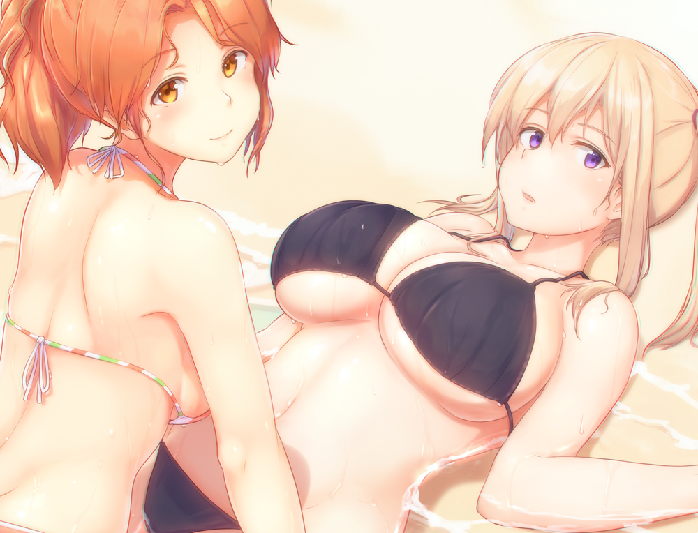 2girls, aquila_(kantai_collection), beach, bikini, black_bikini, blonde_hair, blush, breasts, brown_eyes, cleavage, closed_mouth, commentary_request, flag_print, from_behind, graf_zeppelin_(kantai_collection), italian_flag, italian_flag_bikini, kantai_collection, large_breasts, long_hair, looking_at_viewer, looking_back, lying, medium_breasts, multiple_girls, on_back, open_mouth, osterei, ponytail, print_bikini, redhead, side-tie_bikini, sideboob, sidelocks, skindentation, smile, swimsuit, twintails, under_boob, violet_eyes