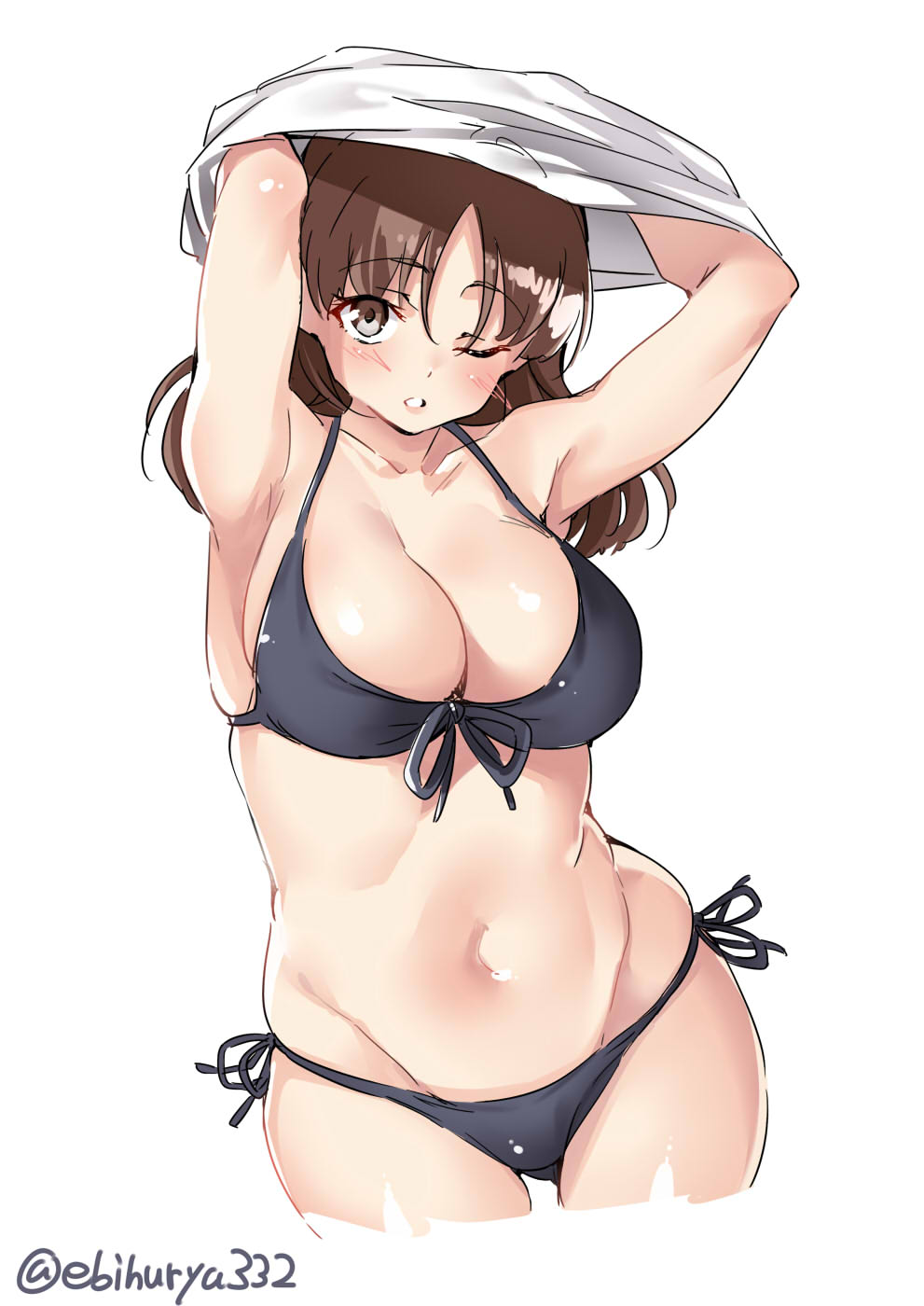 1girl, bikini, black_bikini, black_swimsuit, blush, breasts, brown_eyes, brown_hair