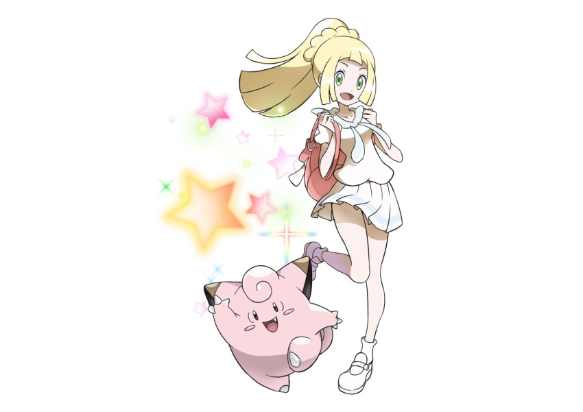 1girl, backpack, bag, blonde_hair, clefairy, gen_1_pokemon, green_eyes, kisama, leg_up, lillie_(pokemon), long_hair, pokemon, pokemon_(creature), pokemon_(game), pokemon_sm, ponytail, shirt, short_sleeves, simple_background, skirt, star, white_background, white_shirt, white_skirt