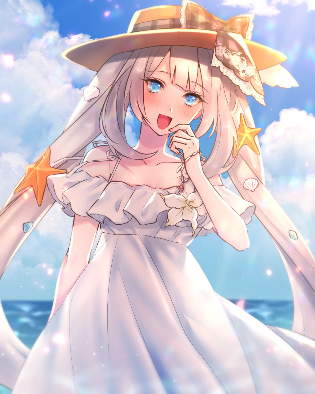 1girl, :d, blue_eyes, blush, bow, clouds, day, dress