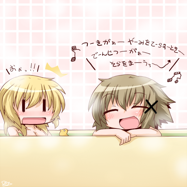 2girls1tub, bath, bathtub, blonde_hair, blush, breasts, brown_hair, hidamari_sketch