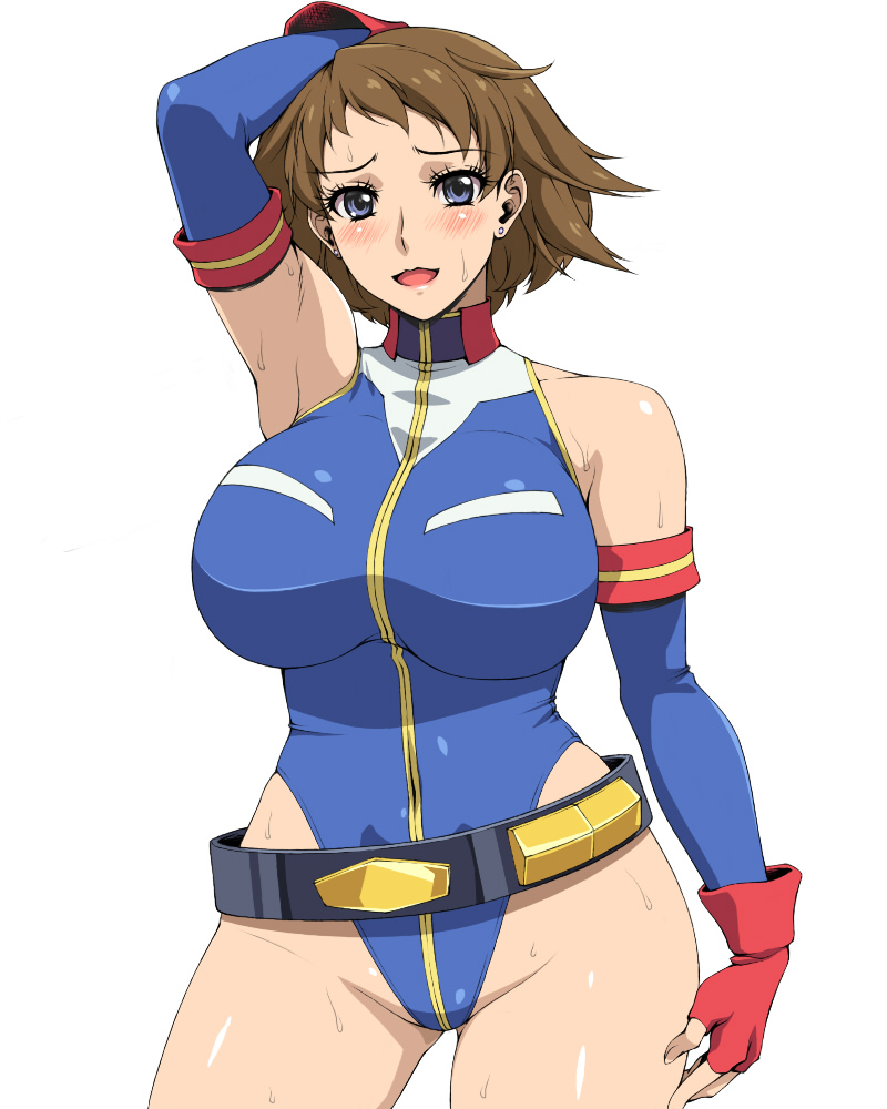 1girl, ameoto, armpits, belt, blue_eyes, blue_leotard, blush, breasts