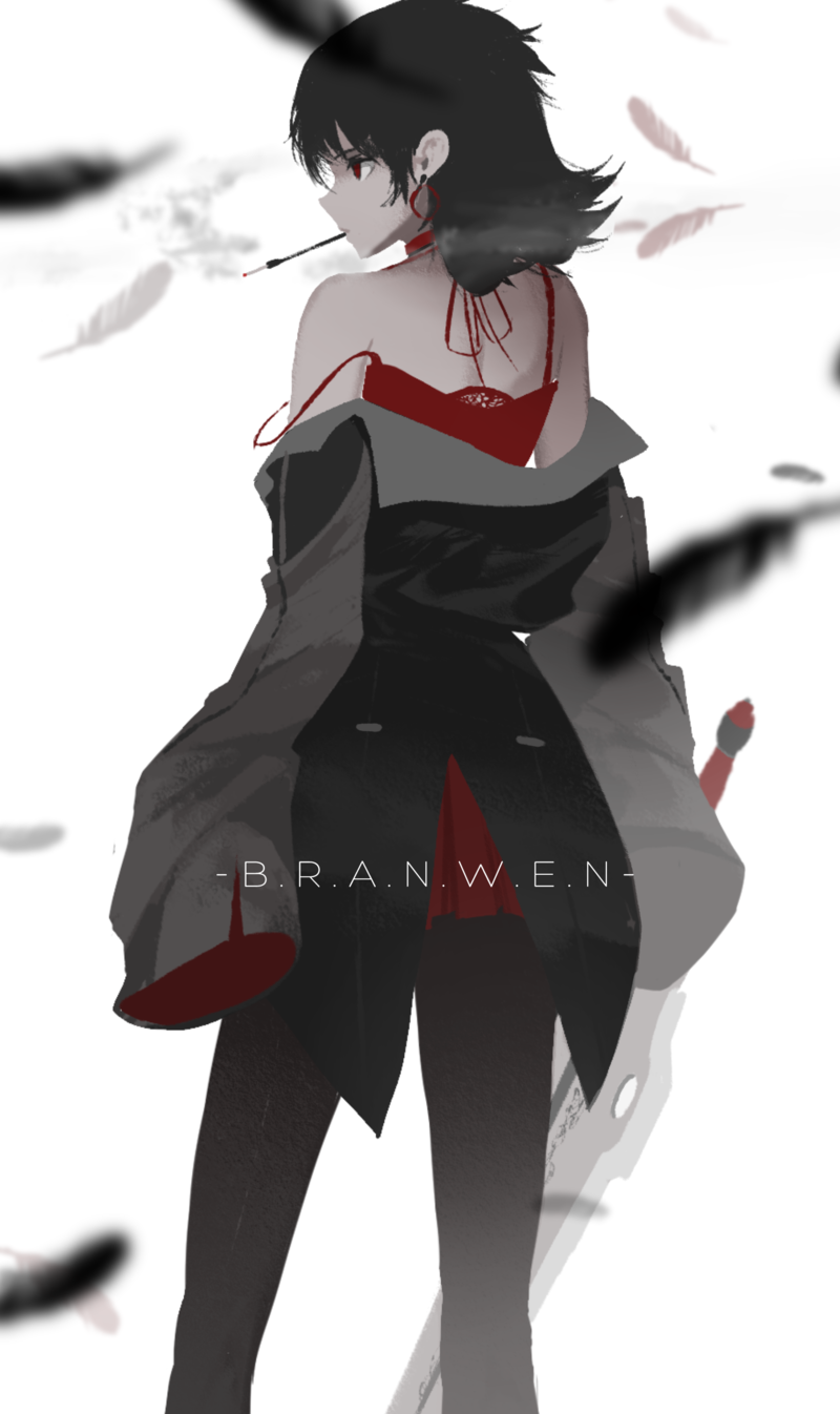 1girl, black_hair, cigarette, cigarette_holder, dishwasher1910, earrings, english, feather_earrings