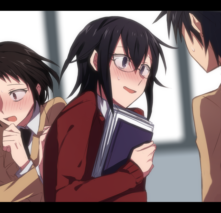 1boy, 2girls, :d, aoki_shizumi, blazer, blush, cardigan, commentary