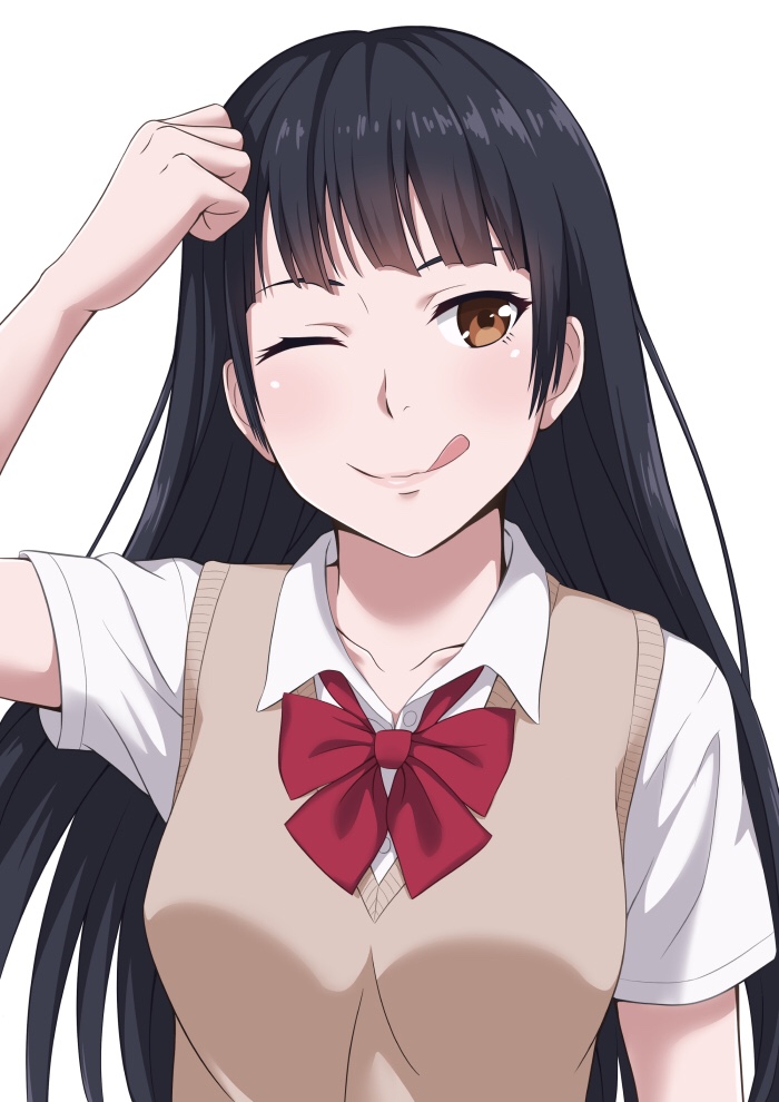 1girl, ;p, bangs, black_hair, brown_eyes, darknessukaru, long_hair, one_eye_closed