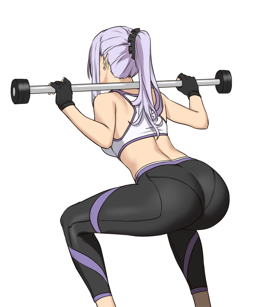 1girl, ass, back, barbell, bare_shoulders, black_gloves, black_pants, black_scrunchie