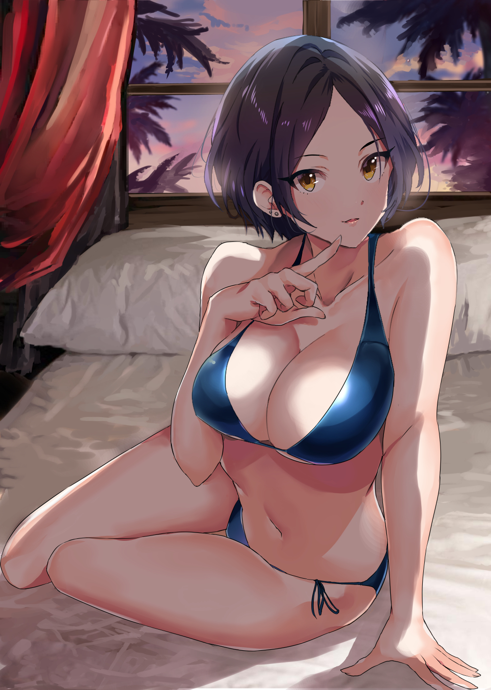 1girl, bangs, bare_shoulders, bikini, black_hair, blue_bikini, blush, breasts