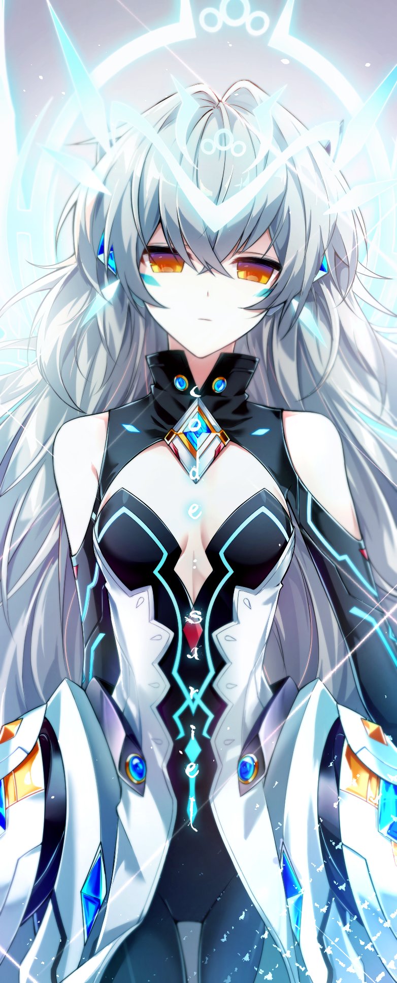 1girl, blonde_hair, cleavage_cutout, code:_sariel_(elsword), elsword, empty_eyes, erun-cbal-, eve_(elsword)