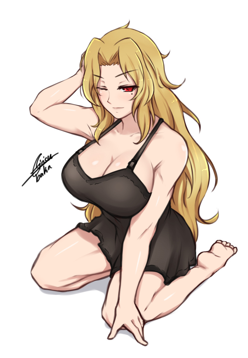 1girl, absurdres, airisubaka, blonde_hair, breasts, daidouji_(senran_kagura), hand_on_own_head, highres