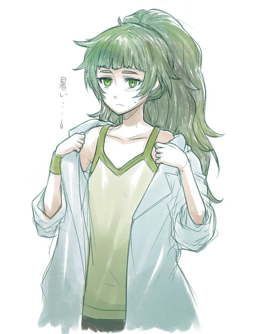 1girl, bangs, blunt_bangs, flat_chest, green_eyes, green_hair, hiyajou_maho, labcoat