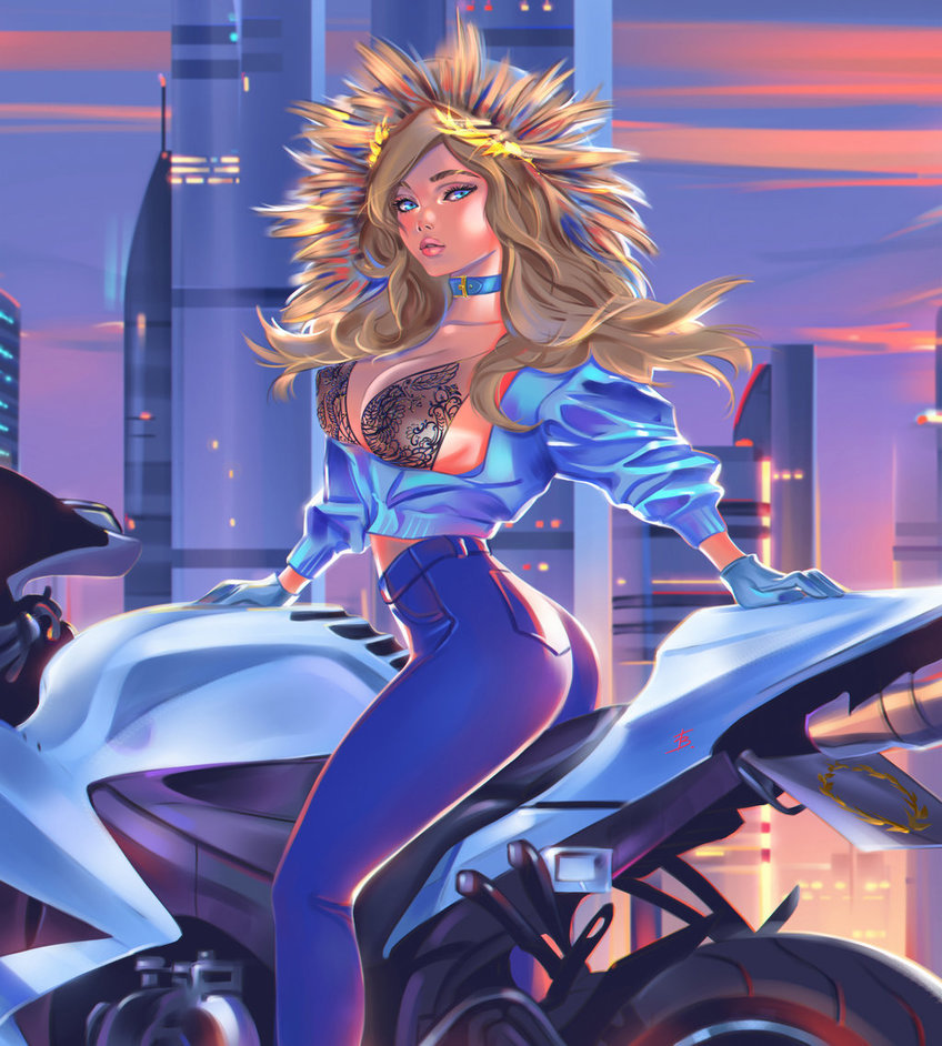 1girl, arm_support, ass, blonde_hair, blue_eyes, bra, building, choker, city, collarbone, from_side, fur-trimmed_hood, fur_trim, gloves, high-waist_pants, lips, long_hair, looking_at_viewer, looking_to_the_side, mercy_(overwatch), overwatch, see-through, sky, solo, taiss14, underwear, wind