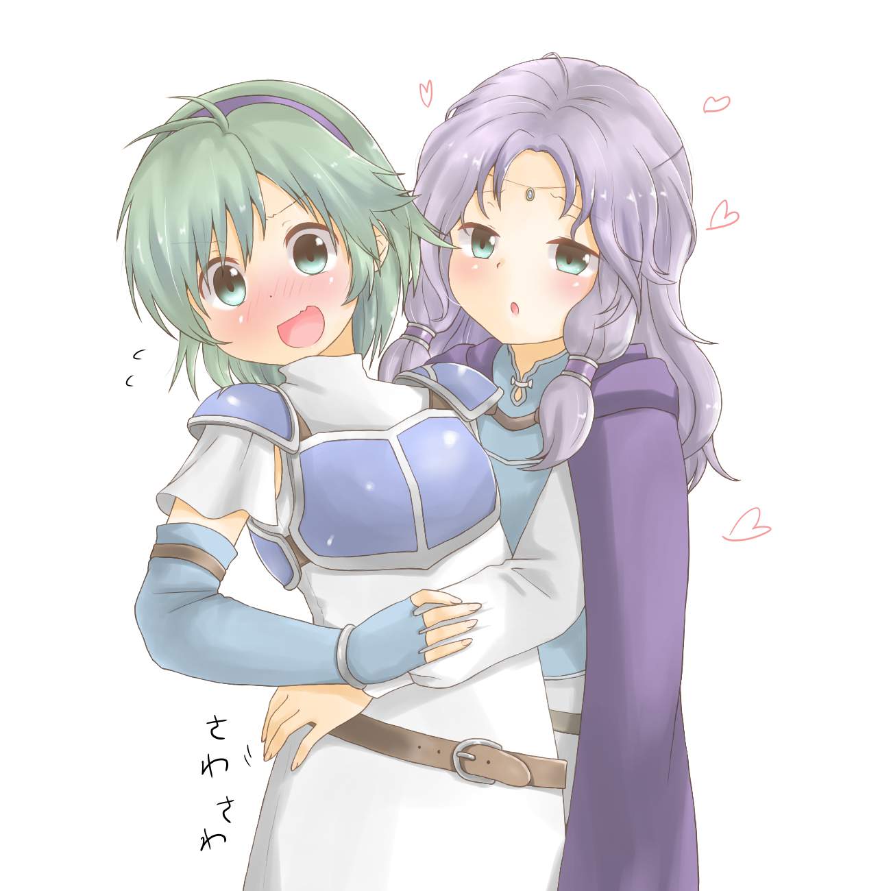 2girls, armor, belt, blue_eyes, blue_gloves, blush, breastplate, cape, cosplay, costume_switch, cottonbiiite793, elbow_gloves, fingerless_gloves, fire_emblem, fire_emblem:_rekka_no_ken, fire_emblem_heroes, florina, florina_(cosplay), gloves, green_hair, hairband, highres, long_hair, long_sleeves, multiple_girls, nino_(fire_emblem), nino_(fire_emblem)_(cosplay), open_mouth, purple_hair, short_hair, shoulder_armor, simple_background, white_background, yuri