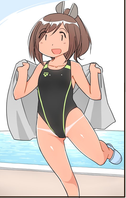 1girl, alternate_costume, black_swimsuit, brown_hair, competition_swimsuit, feet_out_of_frame, full_body, grey_towel