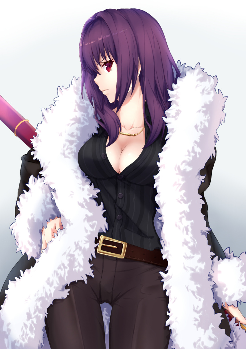 1girl, belt, breasts, cloak, cosplay, fate/grand_order, fate_(series), fur_trim, hand_on_hip, highres, ishikane_aoi, jaguarman_(fate/grand_order), jaguarman_(fate/grand_order)_(cosplay), large_breasts, long_hair, looking_at_viewer, purple_hair, red_eyes, scathach_(fate/grand_order)